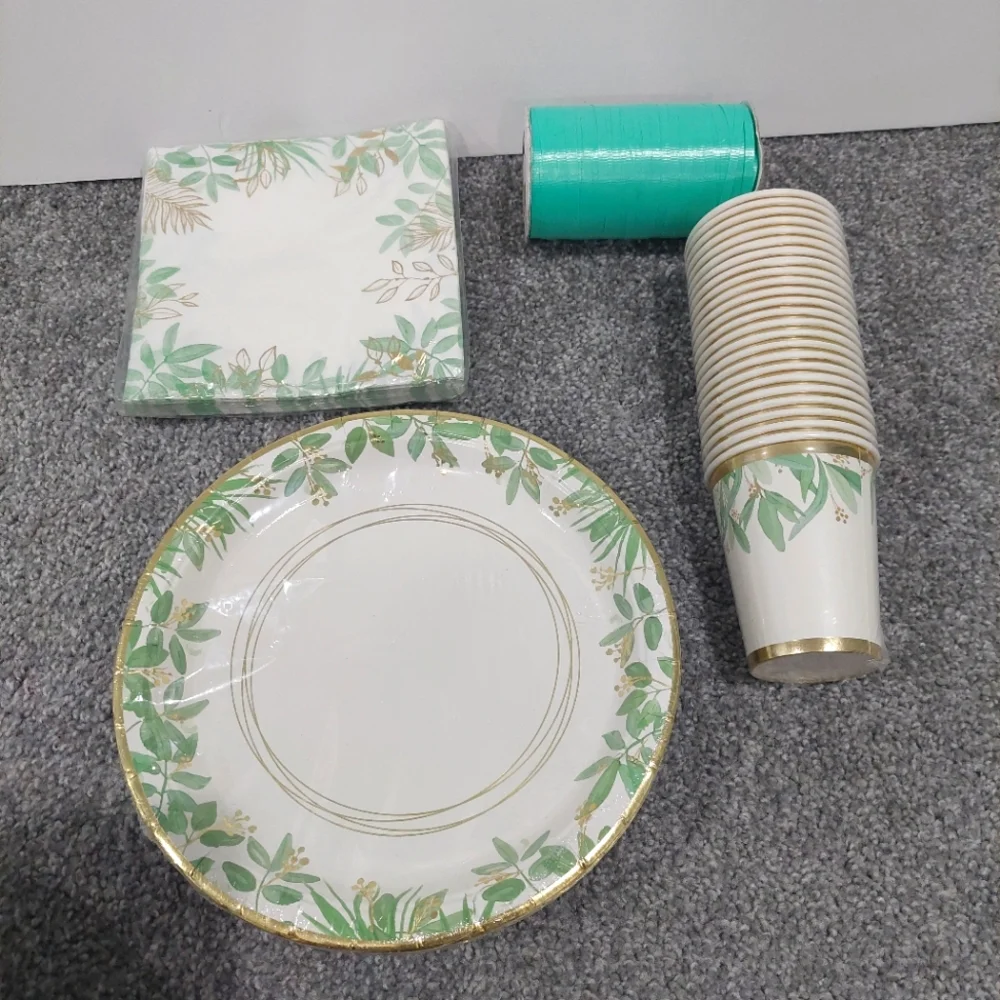 Party tableware 24 settings leaf white green gold plates napkins cups ribbon